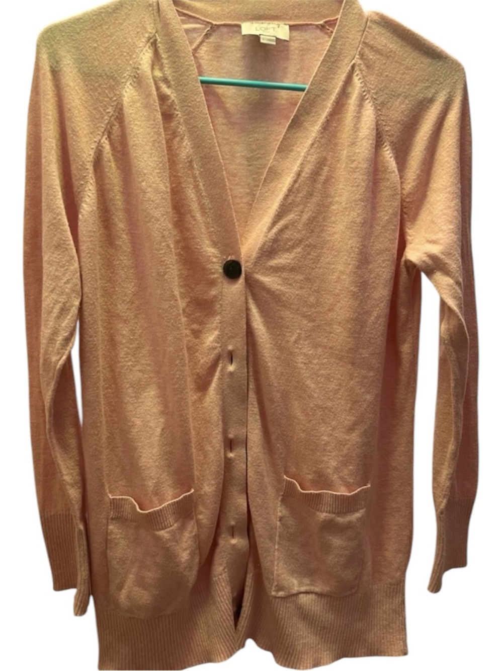 Loft Women's Long Cardigan Sweater with Pockets Size L - Light Coral / Pink